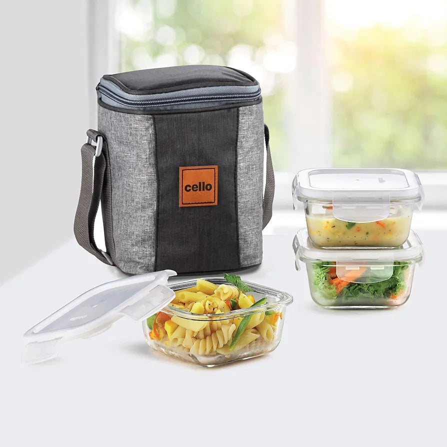 CELLO Glassy Square Lunch Box Set of 3, , Clear | Microwavable Toughened Glass | Leak Proof Design | Tiffin for Office/School/College